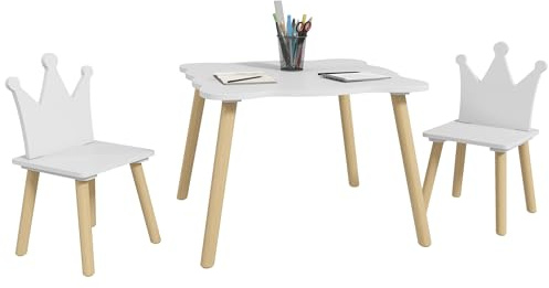 AIYAPLAY Mesa y Sillas Infantiles de 3 Piezas Mesa Infantil con 2 Sillas con Respaldo en Forma de Corona para Niños de 3-6 Años para Sala de Juegos Dormitorio Guardería Blanco