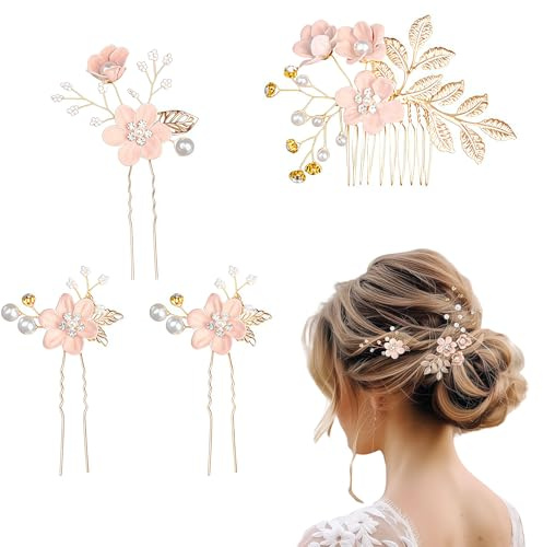 MUNSKT 4PCS Fleur Rose Avec Strass pour Femme,Accessoires De Cheveux En Cristal,Accessoire De Cheveux Pour Fille,La Mariée