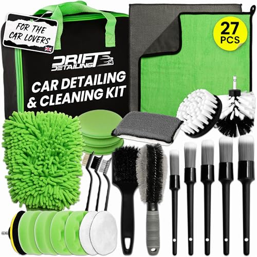 27 Pcs Car Cleaning Kit with Detailing Brushes - Complete Valeting Kit for Interior & Exterior - Includes Alloy Wheel Brush, Drill Polishing Pads & Wash Mitt - Professional Car Washing Gift for Men