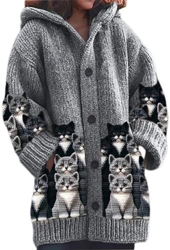 Genérico Cárdigan Mujer Largo con Capucha Elegante, Suéter de Punto Oversize Estampado Digital 3D Halloween Navidad, Abrigo Otoño Invierno Cuello en V, Chaqueta de Punto Casual con Botones
