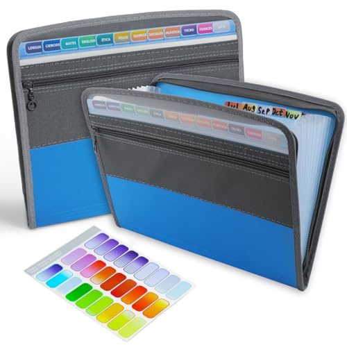 13 Pocket Expanding File Folder with Zipper Closure, Letter A4 Paper Document Accordion Folder with Sticky Labels, for Classroom, Home, Office and Travel(Blue)