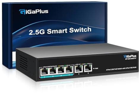 6 Ports 10Gb Unmanaged PoE Ethernet Switch with 4*2.5G Base-T PoE Ports, 2*10G RJ45 Ports. 60Gbps Switching Capacity, GiGaPlus 10Gbps Network Switch for 2.5G/10Gbps NAS/PC, WiFi6 Router, Wireless AP