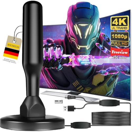Antenne TV Intérieur Puissante, Nouveau pour 2026 Antenne TNT HD avec Amplificateur de Signal Intelligent, Réception 360° Longue Portée 500km, Compatible pour Toutes Les Chaînes Gratuites