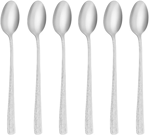 PARENCE – Lot de 6 Cuillères à Dessert Longues 18,5 cm – Acier Inoxydable – Manche Gravé – Cuillère à Café, Glace ou Dessert