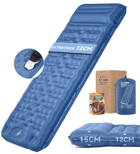 HIKENTURE 12cm Inflatable Sleeping Pad, Camping Mat with Foot Pump Pillow