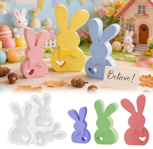 YEJAHY Stampi in silicone per Pasqua, 3D per colata di coniglio, coniglio, uovo di Pasqua per intonaco, candele epossidiche, cemento, decorazione fai da te per la primavera