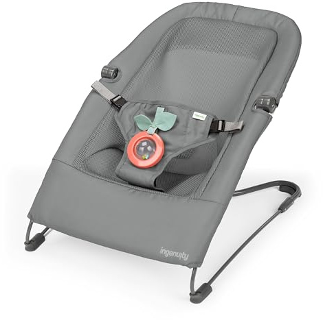 Ingenuity Stow & Go Compact Folding Baby Bouncer, Lightweight Portable Seat with Vibration & Toy, Grey, Under 5 lbs