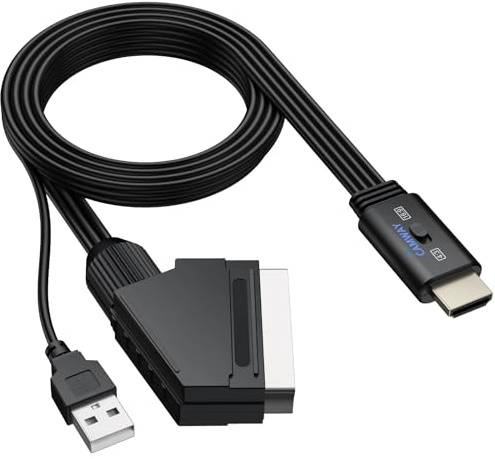 CAMWAY Adaptador SCART a HDMI con Switch 16:9/4:3, 1080P Convertidor Euroconector a HDMI con 150CM Cable SCART Macho Integrado, Diseño de Cable Todo en Uno, Compatible con PAL NTSC para DVD VCR VHS
