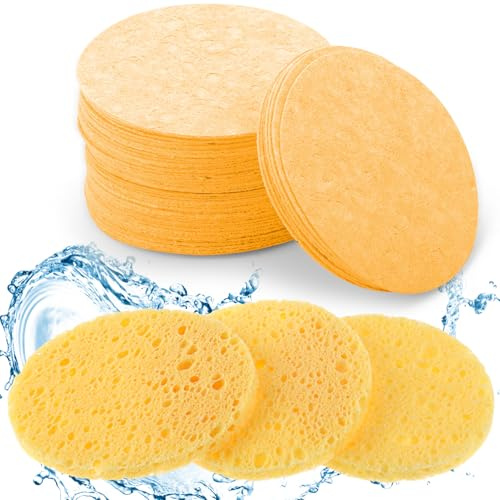 60Pcs Facial Sponges, 100％ Natural Wood Pulp Compressed Face Sponge, Facial Cleansing Sponge Face Exfoliating Pads for Daily Skin Care Deep Cleaning Makeup Removal (Yellow)
