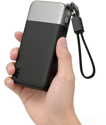 NOBIS Bärbar laddare 45W 20000mAh med löstagbar USB-C-kabel, snabbladdande batteripaket 2 USB-C (in/ut) & 2 USB-A, digital display och lågströmläge för Telefon 17 S25
