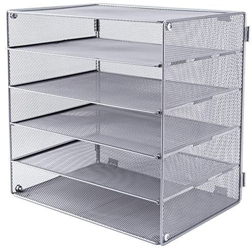 EASEPRES 5 Slot Mesh Desk Organizer Tray, File Paper Letter Folder Holder Desktop Paper Sorter Mail Organization Rack Storage Accessories, for Office Home School Classroom, Silver