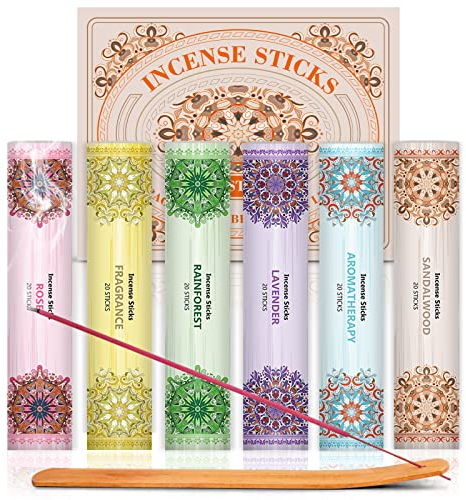 Scent-Hi Bastoncini di Incenso 120, Aromaterapia, Rilassamento, Meditazione, Guarigione, con Supporto in Legno, Lavanda, Rosa, Sandalo, Foresta Pluviale, Muschio Ambrato