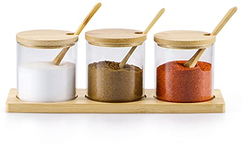 Skelang Bocaux en verre, pot epices verre avec cuillère et couvercle, pot a sel, pour conserver les aliments dans la cuisine, le thé, le café, le sucre, le sel, Lot de 3