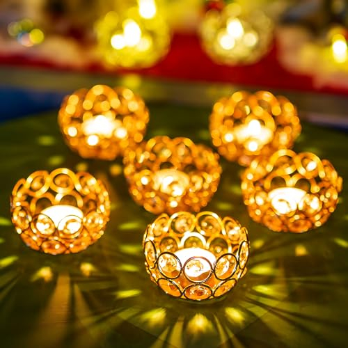 Sziqiqi Kristall Teelichthalter 6er Set, Ramadan Kerzenständer Glas Teelicht Kerzenhalter für Esstisch Deko Hochzeit Geburtstag Party, 8cm, Gold Metall Rand