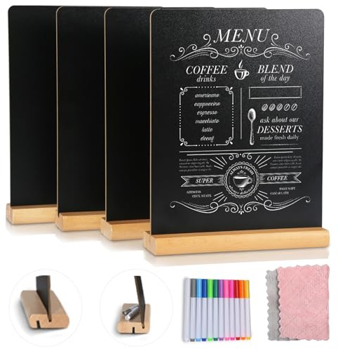 8.6x11Inch Chalkboard Signs Tabletop Chalk Board with Beech Stand, Small Double Sided Kids Chalkboard Sign, Menu Message Chalk Board Sign Store Food Signs for Party Home Kitchen Tables Decor (4 Pack)
