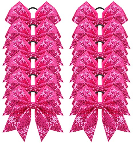 Oaoleer 12PCS 7 Large Glitter Cheer Hair Bows Ponytail Holder Elastic Band Handmade for Cheerleading Teen Girls College Sports (Sequin Hot Pink 12PCS)