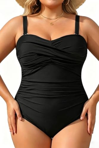 Holipick Plus Size One Piece Swimsuit Tummy Control Strapless Bathing Suits Bandeau Slimming Ruched Twist Front Swimwear, Black, 22 Plus