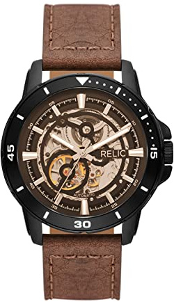 Relic by Fossil Men's Brenton Black Alloy Metal and Brown Leather Band Automatic Watch (Model: ZR12663)