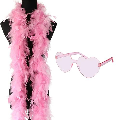 HENGBIRD Federboa,2M Feder Boas mit Herzbrille,Kostüm Accessoire Karneval,20er Jahre Charleston Burlesque,Tanzende Hochzeitspartys Cosplay Halloween Weihnachten Partys Festivals (Rosa)