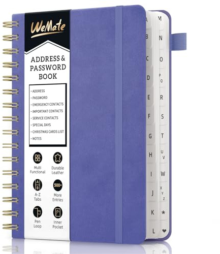 WEMATE Spiral Address Book with Alphabetical Tabs, Leather Password Book, Address Organizer Telephone Notebook Journal Keep Contact Safe Hardcover Large Print Seniors Home Office 5.8″×8.2″, Rose Gold