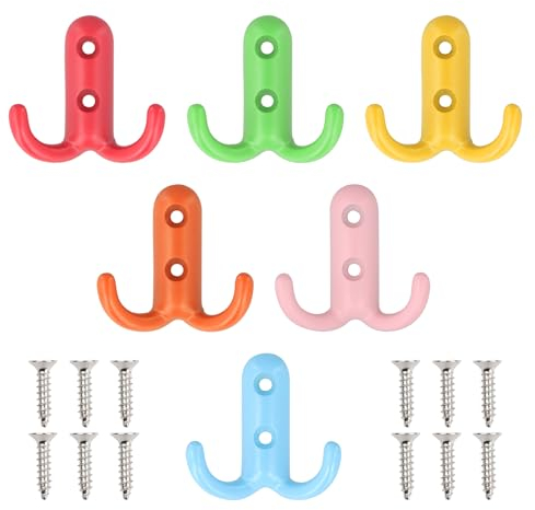Cozlly 6 Stück Kleiderhaken Kinder Bunt,Klein Metall Haken mit 12 Schrauben,Haken Garderobe Doppelt,Wandhaken Retro Haken,Kleiderhaken Vintage,für Garderobenhaken Badezimmer Küche