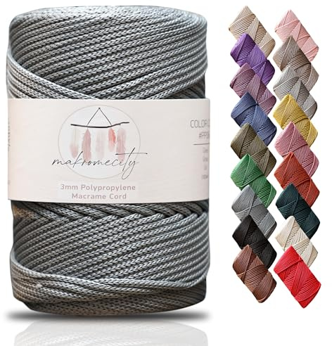 Makromecity makramégarn 3 mm x 120 m grå premium polyester makramérep polypropylen garn hantverk för vägghängningar axelväska handväska löpare nappkedja platsplatta