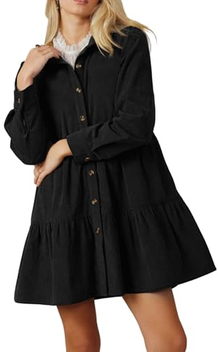 R.Vivimos Womens Fall Corduroy Dress 2026 Long Sleeve Button Down Tunic Mini Babydoll Dress with Pockets (Medium, Black)