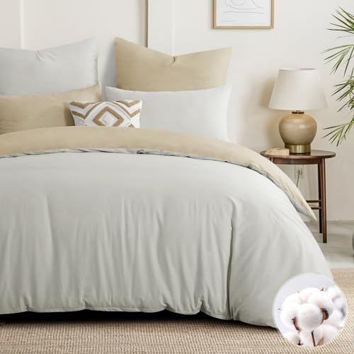 Aisbo Bettwäsche 200x220 Baumwolle Khaki Beige - Bettwäsche-Sets 200x220 cm Wendebettwäsche 3teilig mit 2 Kissenbezüge 80x80 cm, Baumwollbettwäsche Oeko-TEX Zweifarbiger Bettbezug mit Reißverschluss