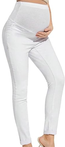 Generisch Lot de 2 jeans de maternité, taille haute, pantalon ventral et hanches, pantalon de grossesse extensible confortable pour femme, pantalon capri décontracté pour le travail, Blanc., M