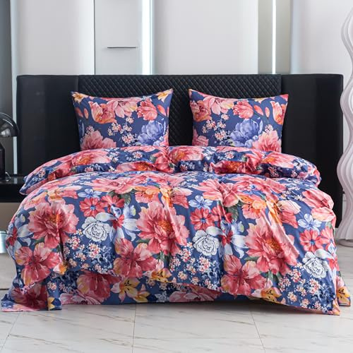 Cotton Market Ropa de Cama Öko-Tex de 220 x 200 cm, Microfibra de algodón, 3 Piezas, con Cremallera, Funda nórdica de 220 cm y 2 Fundas de Almohada de 70 x 80 cm, jardín/Rosa