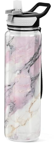 ALAZA White Marble Texture Stone Water Bottle with Straw Lid 32oz Leakproof Sport Water Bottle Clear Large Gym Water Jug for Women Men Outdoor