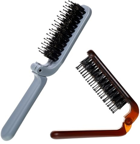 2 PCS Mini Folding Hair Brush, Detangler Travel Foldable Brushes Small Boar Bristle Hair Brushes, Portable Pocket Size Travel Brush for Women Compact Purse Brushs for Any Hairstyles Restore Shine