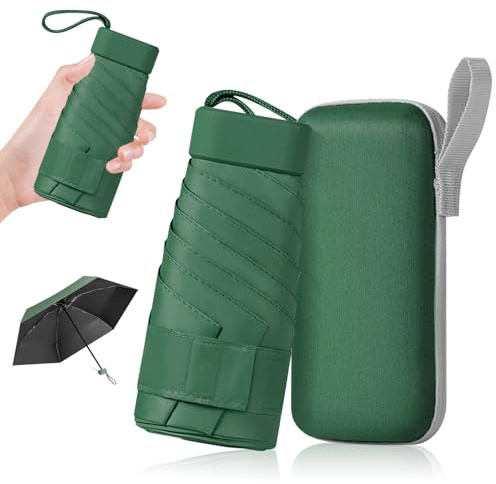 AKONE Paraply med fodral, fickparaply ultralätt, mini UV parasoll, mångsidigt paraply sol eller regnigt, stormsäkert paraply litet för män kvinnor vuxna barn, Grön, 14 cm