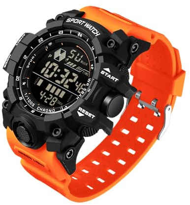 Biewo - Orologio da uomo militare, orologio sportivo digitale, impermeabile, con sveglia, data, orologio da polso tattico, LED, cronometro, allarme per uomini, Nero arancione, Cinturino