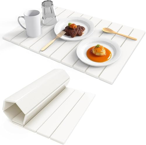 Stone dish drying mats for kitchen counter ，large 23.6L x 15.4W foldable diatomite dish stone drying mat, quick dry extra fast absorbent roll up rack, White/Black foldable stone dish drying mat
