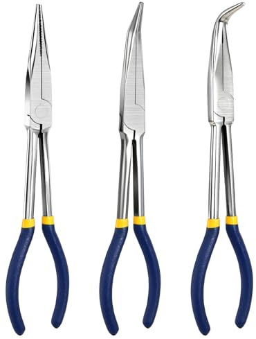 Zangen Set mit langer Reichweite, 3 Stück 280mm Langnasenzangen Set, Gerade, 45°, 90° gebogen mit Rutschfestem Griff für Elektro Feinmechanik Werkstatt
