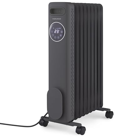 Morphy Richards HeatFlux Digital Oil Filled Radiator, Remote Control, 25m2 Coverage, LED Digital Touch Panel, Eco Mode, Personalised Warmth, Timer, Auto Switch Off, Cord Storage, 2.5kw, Grey, 827877