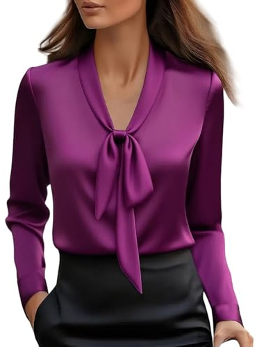 Camicia da Donna in Raso Elegante Camicia in Raso Elegante Maglietta in Chiffon Button Down Blusa Seta Business con Scollo a V Sciolto Camicetta Ufficio Basic Casual Top da Lavoro Slik Moda