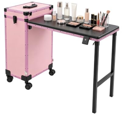 TaNeHaKi Trolley kosmetisk väska med 3 lådor och LED-spegel nagelbord | Sminkväska, 50 kg bärkraft, Bluetooth, rullväska frisörväska, för frisörer viskositeter manikyr, toalettbord