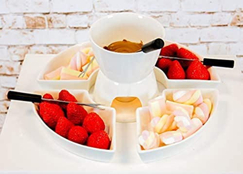 Homezone 10 Piezas Cerámica Blanca Vela Pequeña Queso/Juego Fondue de Chocolate con 4 Media Luna para Servir Platos y Acero Inoxidable Tenedores Microondas y Apto para Lavavajillas