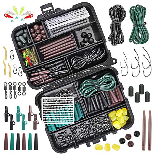 282Pcs Carp Fishing Tackle in Box, Fishing Accessories Kit Include Fishing Hook, Safety Clips Hook, Corn Kernel, Tubing, Rolling Swivel, Fishing Bait Screw, Fishing Bead, Boilie Stops with Tackle Box
