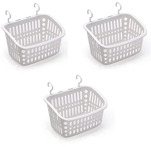 Doitxue 3PCS Plastic Hanging Baskets for Shower, Hanging Basket Organizer with Hooks, Rectangle 10.6Inches Small Hanging Storage Basket (Grey)