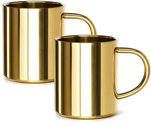 Robin Goods® 2 guldfärgade termokoppar 350 ml | Robusta dubbelväggiga muggar för kaffe, te och vardagsbruk