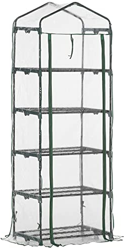 Outsunny Serre de Jardin PVC avec étagères 5 Niveaux, Serre de Balcon, bâche renforcée 135 g/m², châssis en Acier, Porte zippée Enroulable, pour légumes Plantes Fleurs, 69 x 49 x 193 cm, Transparent