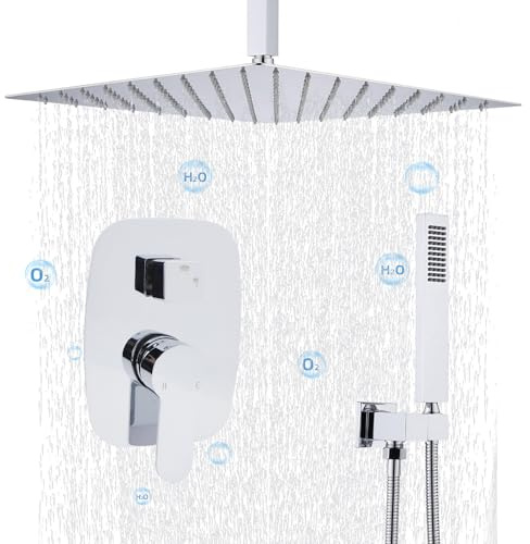 Delnet Concealed Shower Mixer Set Brass Chrome 16 Inch Ceiling Mounted Rain Shower Head System with Handheld Complete Shower Faucet Set