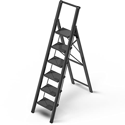 GameGem 6 Step Ladder for 12 Feet High Ceiling, Lightweight Aluminum Folding Step Stool with Convenient Handgrip, Stepladders with Anti-Slip and Wide Pedal for Home Use Space Saving - Black