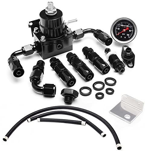 EFI Bränsletrycksregulatorsats med bypass-retur 0-100 psi tryckmätare AN6-6AN bränsleledningsslangmonteringssats justerbar universell aluminium svart och svart