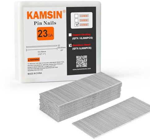 KAMSIN P625SS Headless Pin Nails, 23 Gauge 1'' (25mm) Leg Length pinner nails, 9,000 PCS/BOX, woodworking nails Fasteners for Pneumatic Pin Nailer Air Pin Nail Gun