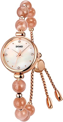 findtime Perlen Armbanduhr Damen Schmuck Elegant, Bracelet Armreif Armkette Rosa Uhren Design Women Strass Analog Quarz Armbanduhr Spangenuhr für Frauen Liebhaber Freundin