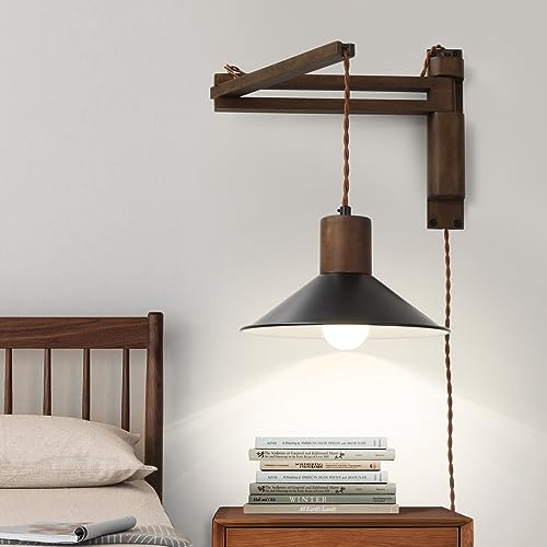 Wood Plug in Wall Sconces, Swing Arm Wall Lamp with Dimmable On Off Switch, 8.6 inch Vintage Wall Mounted Light Fixture with Cord for Bedroom Nightstand Bedside Reading Lamp - Bulb Included